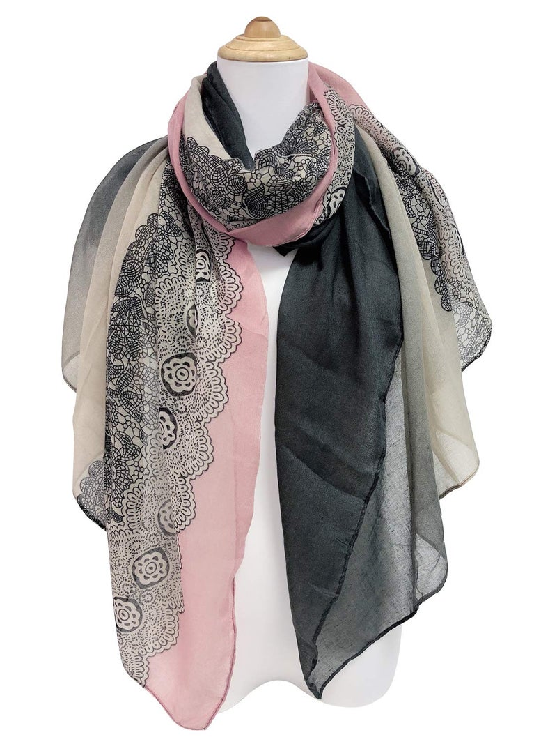 GERINLY Lace Print Women Fashion Scarf Lightweight Cotton Shawls and Wraps (Darkgrey Pink) - Image 2